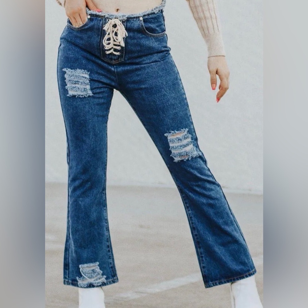 NWT - POL Dark Blue Distressed Lace-Up Flare Jeans - Woman's Small